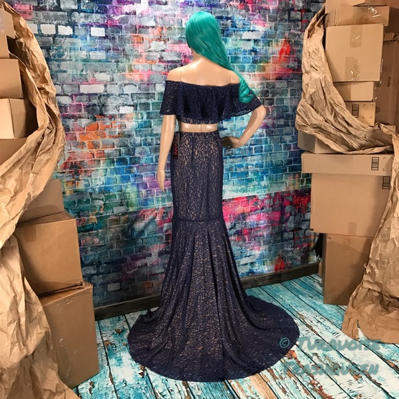 JOVANI Navy Lace Crop Top Dress! #JP49740 - Picture 2 of 8